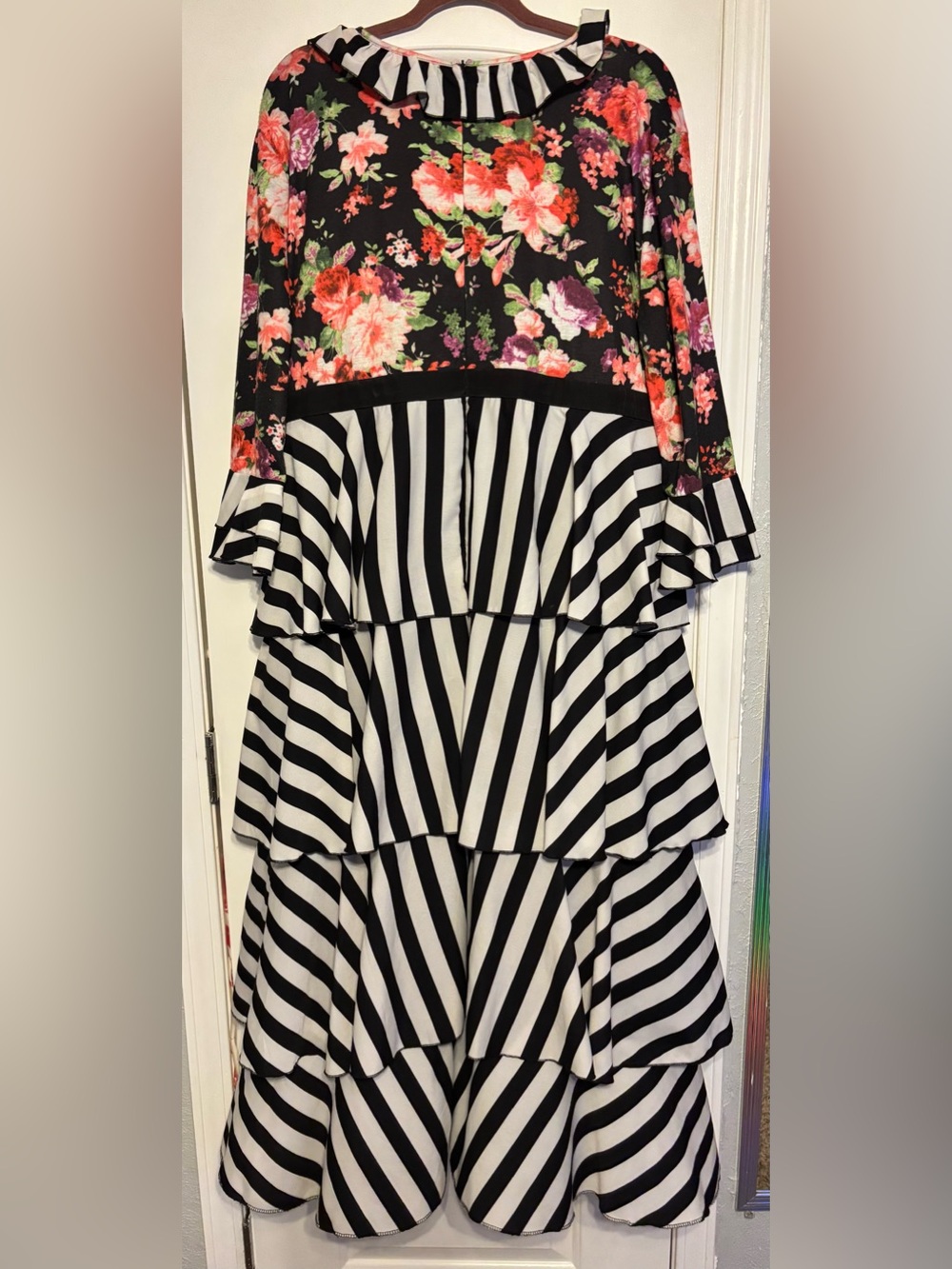 LuLaRoe Black Floral and White-Black Striped Tiered Midi Dress - Picture 2 of 6